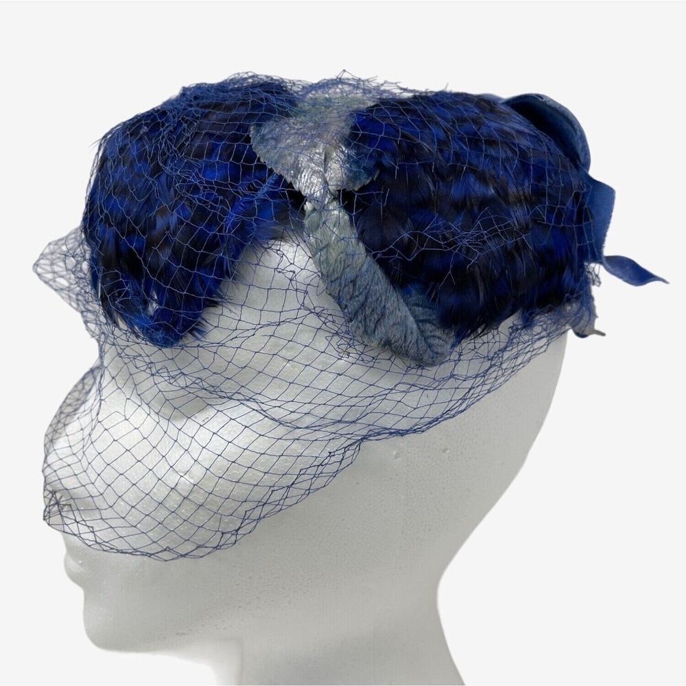 Blue Velvet Fascinator Feather Silk‎ Leaf Caplet Half Hat Whimsy Vintage 50s 60s